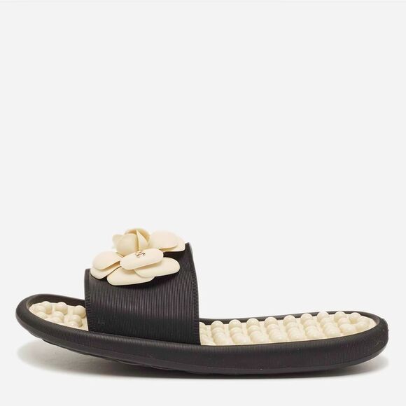 Chanel Shoes - Chanel Cc Camellia Size 40 Black Rubber Flat Slide